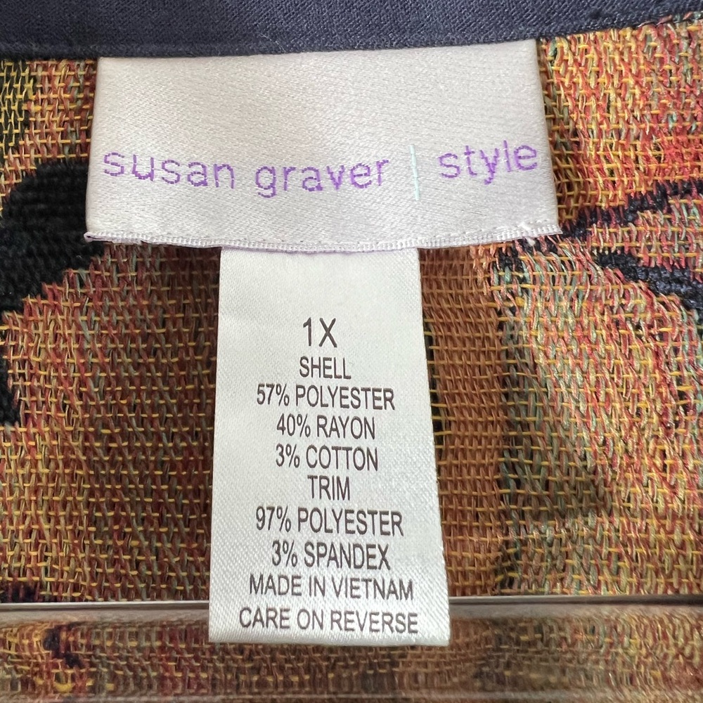 Susan Graver Floral Tapestry Button Up Suede Collar Navy Blue Blazer Jacket 1X - Picture 6 of 7